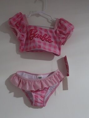 Barbie Toddler Girls Pink Gingham Two Piece Ruffle Bikini Swimsuit Set NWT